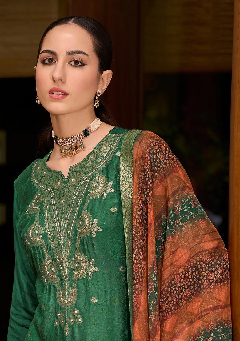 Green Embroidered Organza Salwar Kameez With Dupatta