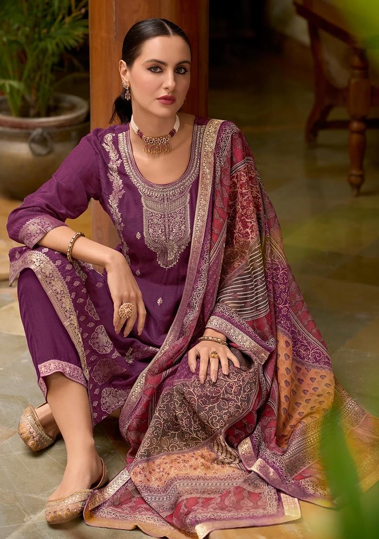 Purple Embroidered Organza Salwar Kameez With Dupatta