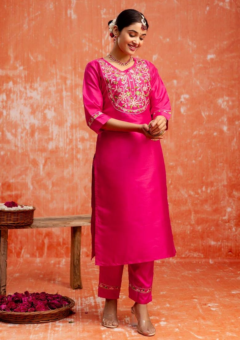 Pink Embroidered Silk Blend Salwar Kameez With Dupatta
