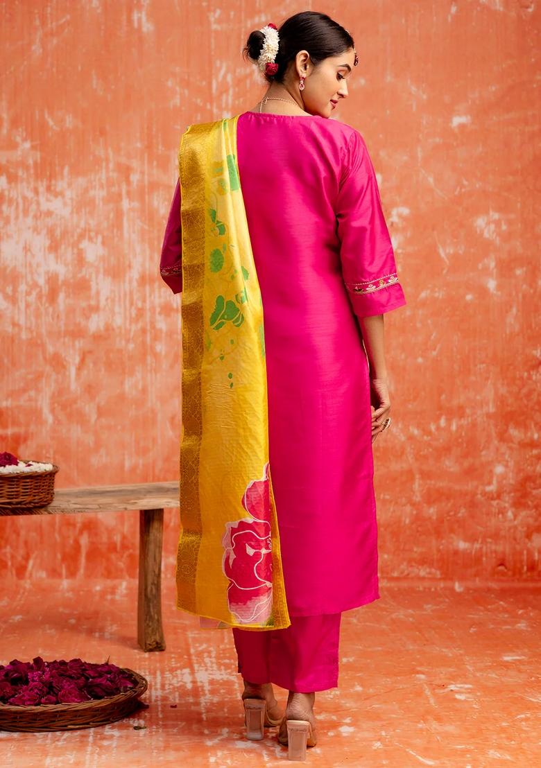 Pink Embroidered Silk Blend Salwar Kameez With Dupatta
