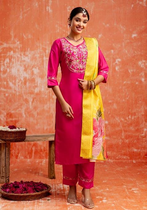Pink Embroidered Silk Straight Kurta Set