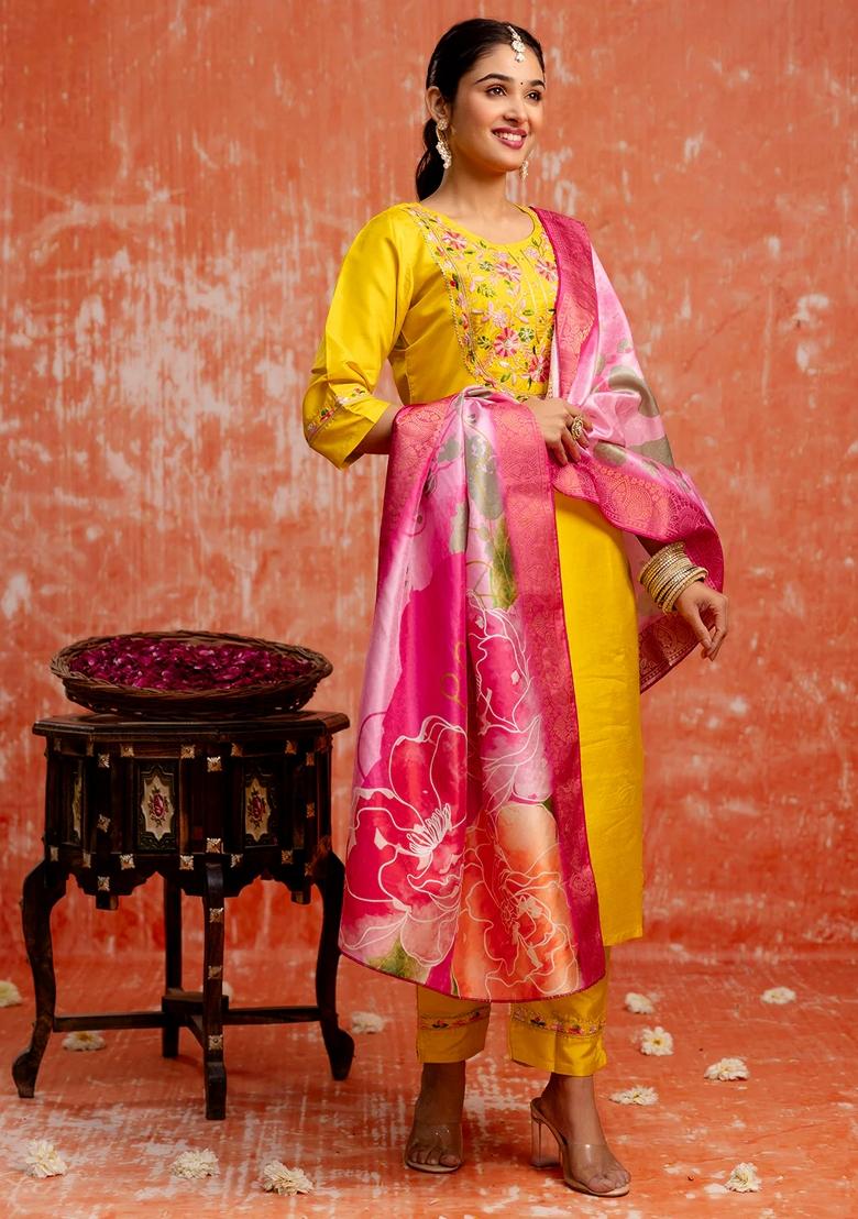Yellow Embroidered Silk Blend Salwar Kameez With Dupatta