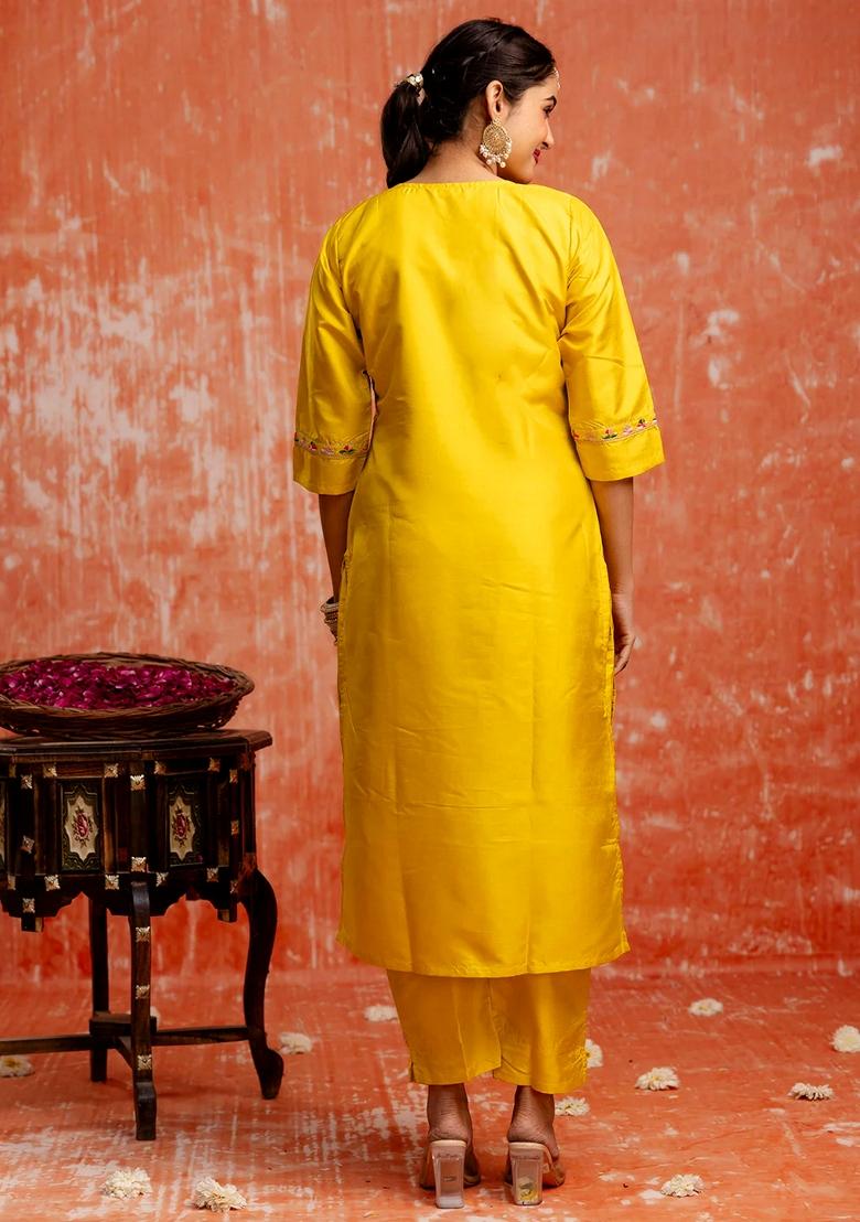 Yellow Embroidered Silk Blend Salwar Kameez With Dupatta