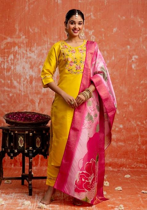 Yellow Embroidered Silk Blend Salwar Kameez With Dupatta