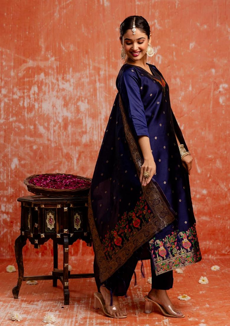 Blue Zari Work Pure Cotton Salwar Kameez With Dupatta