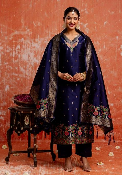 Blue Embroidered Cotton Straight Kurta Set