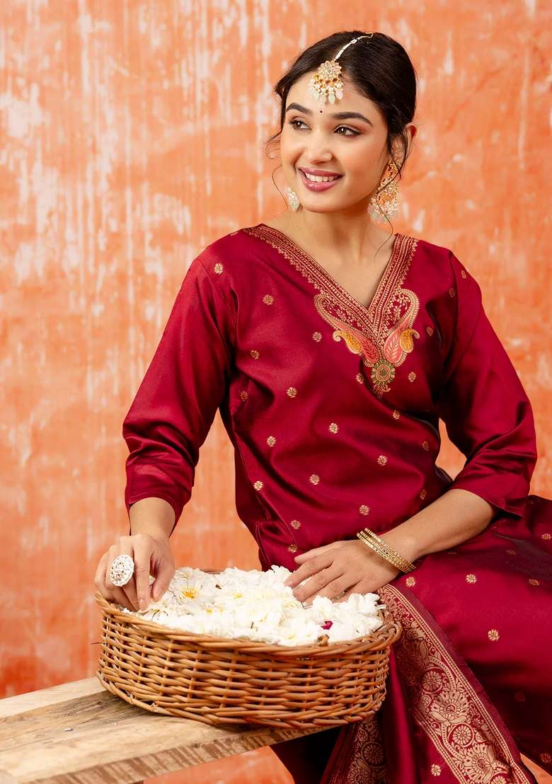 Maroon Embroidered Cotton Straight Kurta Set - Indya