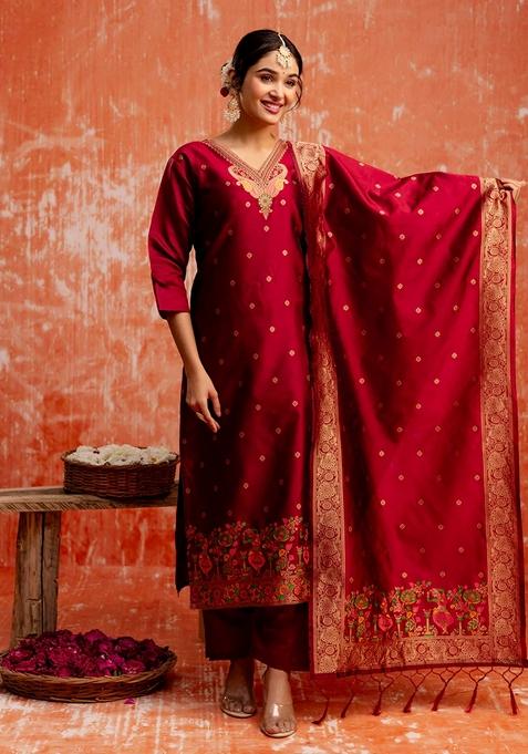 Maroon Embroidered Cotton Straight Kurta Set