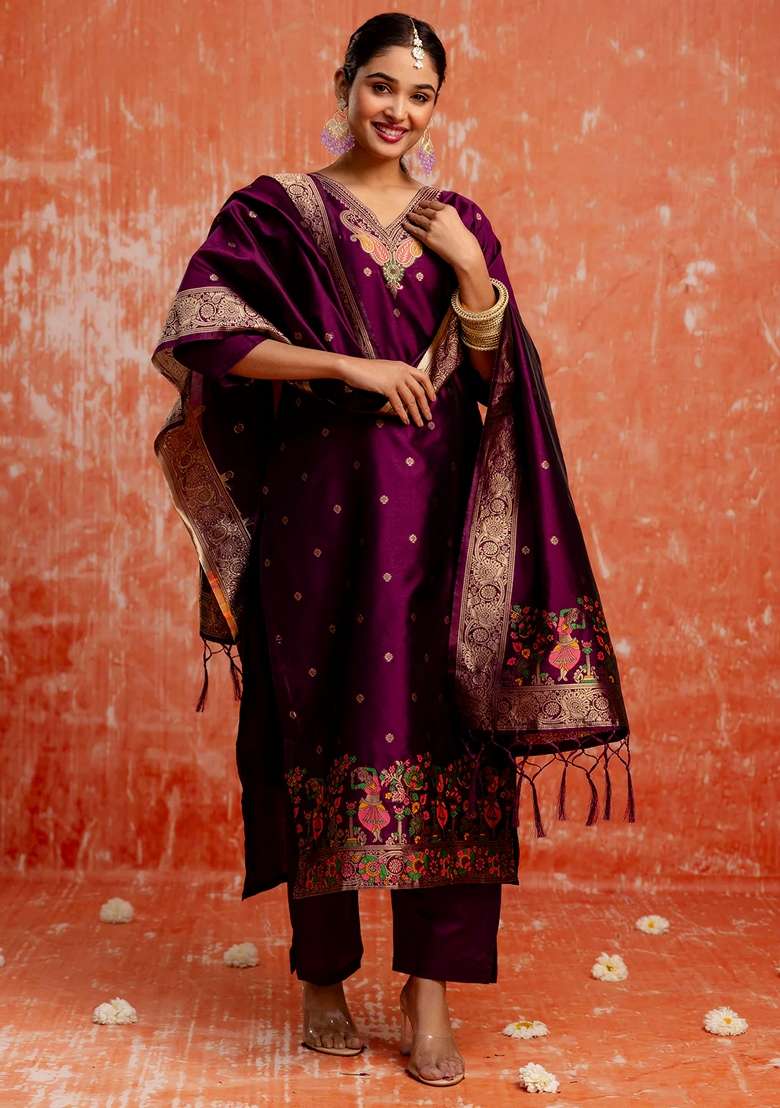 Purple Zari Work Cotton Straight Kurta Set - Indya