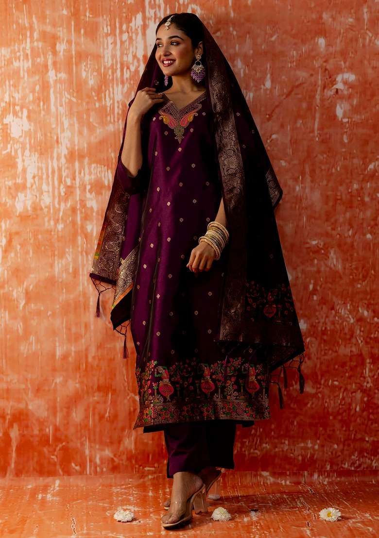 Purple Zari Work Cotton Straight Kurta Set - Indya