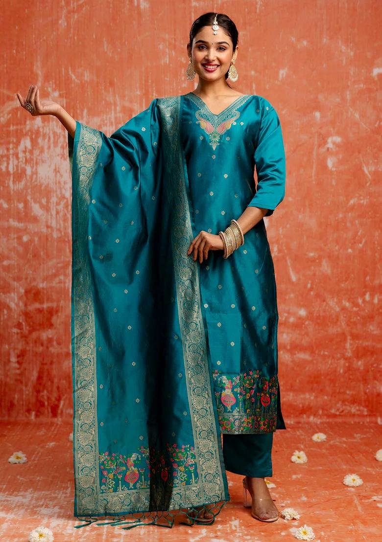 Rama Green Zari Work Pure Cotton Salwar Kameez With Dupatta
