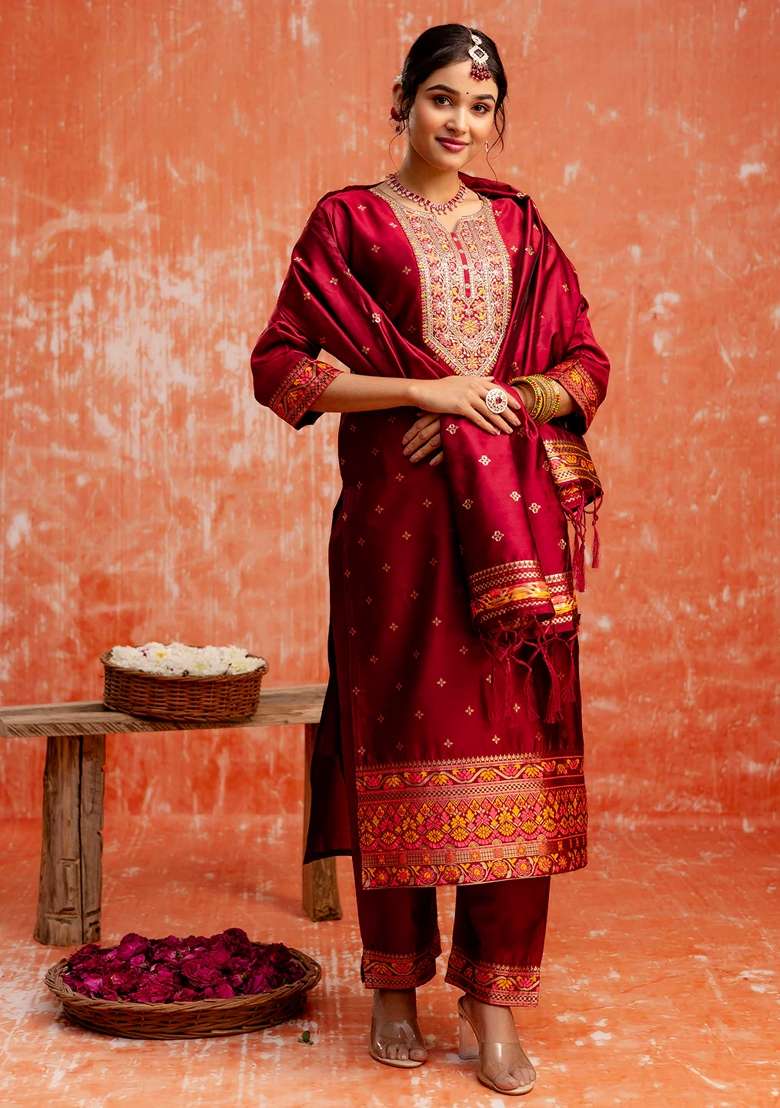 Maroon Embroidered Cotton Straight Kurta Set - Indya