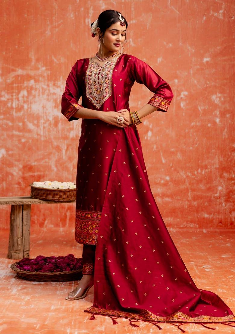 Maroon Embroidered Pure Cotton Salwar Kameez With Dupatta