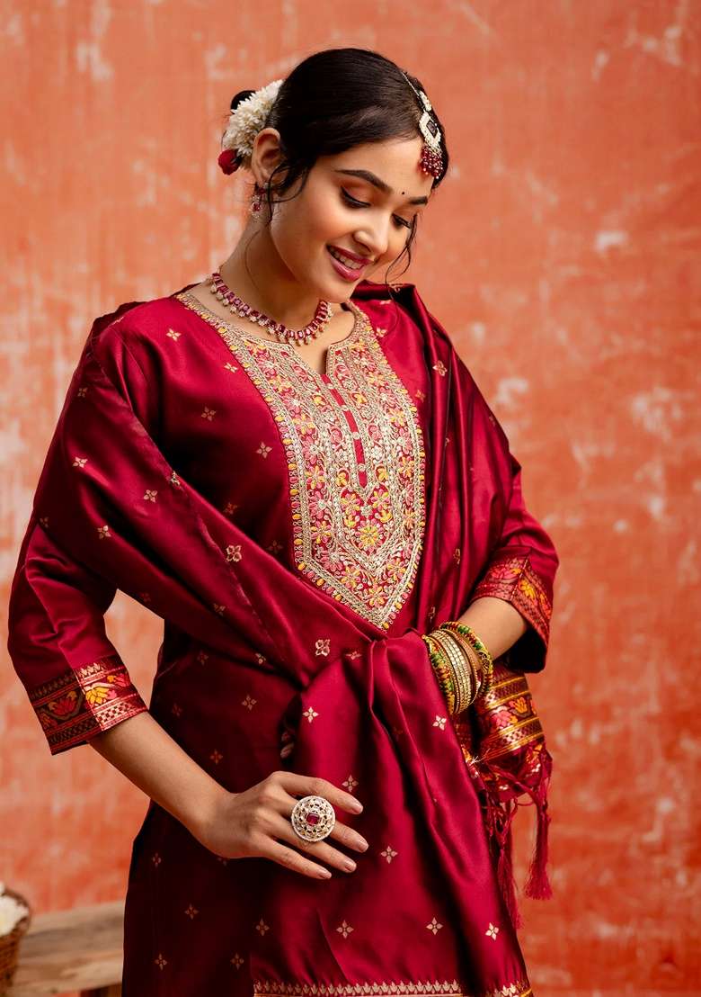 Maroon Embroidered Cotton Straight Kurta Set - Indya