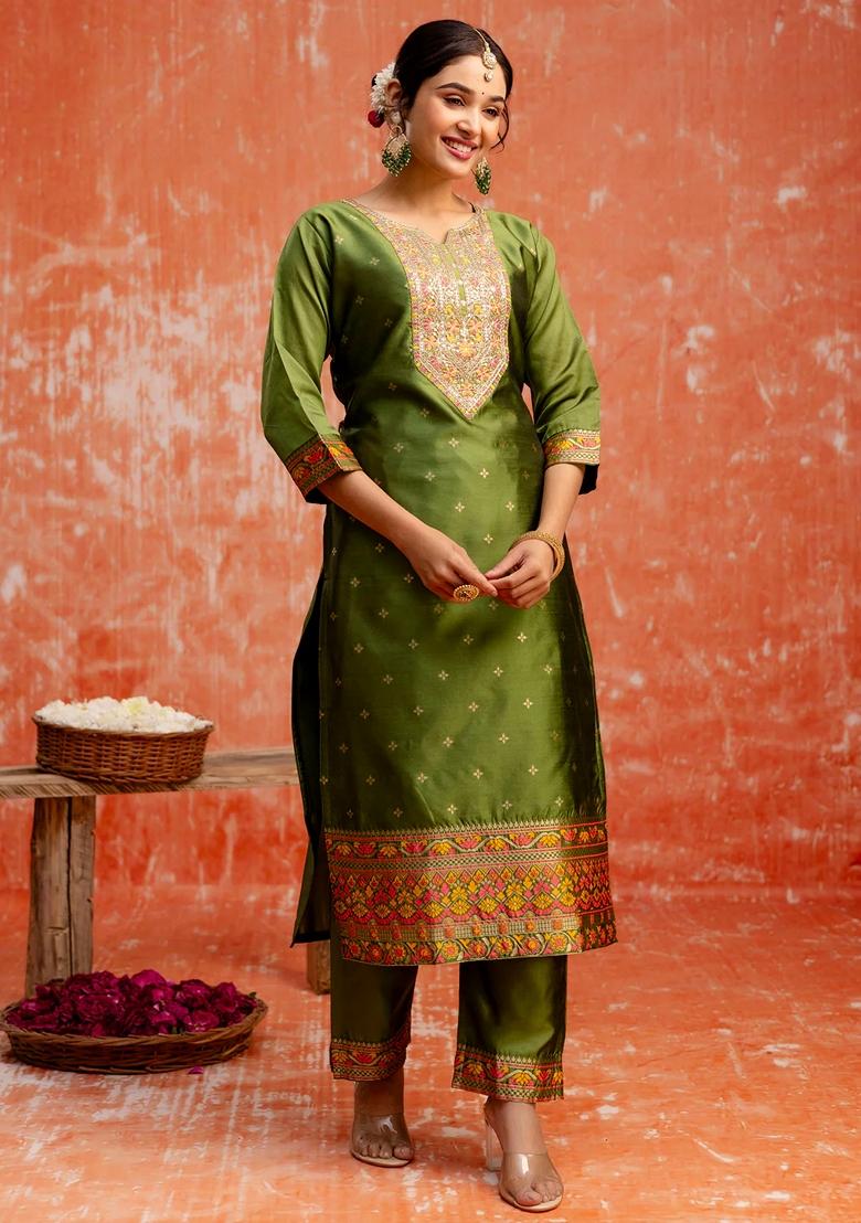 Mehendi Green Embroidered Pure Cotton Salwar Kameez With Dupatta