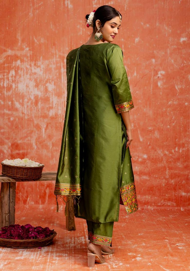 Mehendi Green Embroidered Pure Cotton Salwar Kameez With Dupatta