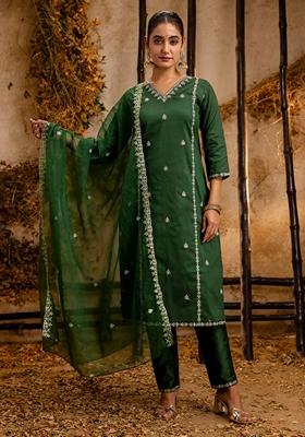 Green Embroidered Silk Blend Salwar Kameez With Dupatta
