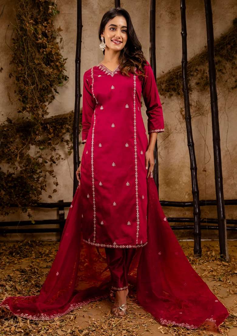 Maroon Embroidered Silk Blend Straight Kurta Set - Indya