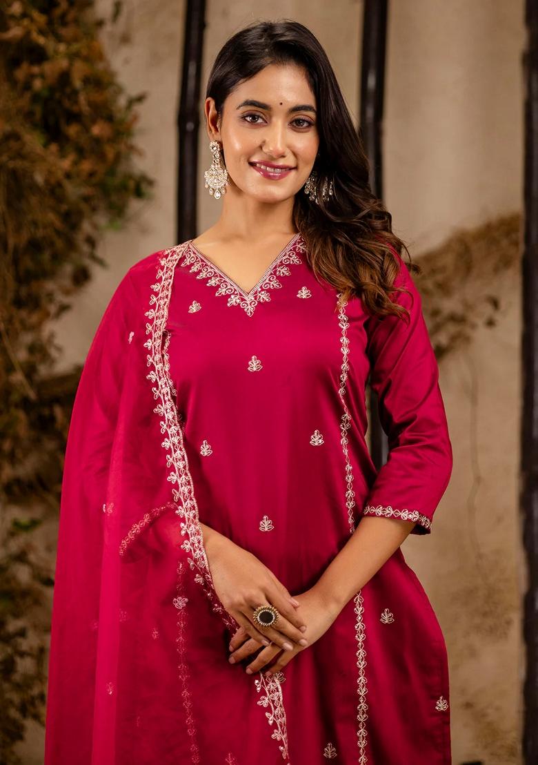 Maroon Embroidered Silk Blend Salwar Kameez With Dupatta