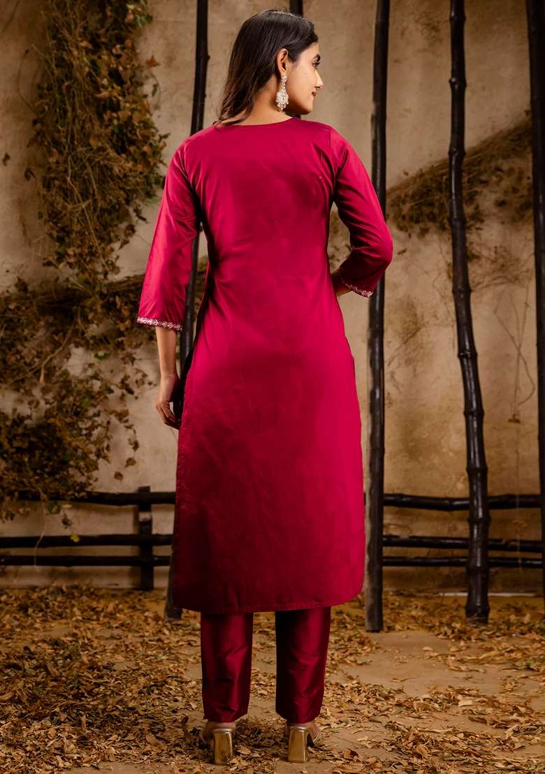 Maroon Embroidered Silk Blend Straight Kurta Set - Indya