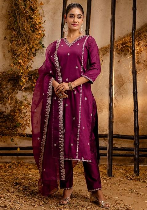 Purple Embroidered Silk Blend Salwar Kameez With Dupatta