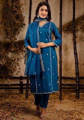 Teal Blue Embroidered Silk Blend Salwar Kameez With Dupatta