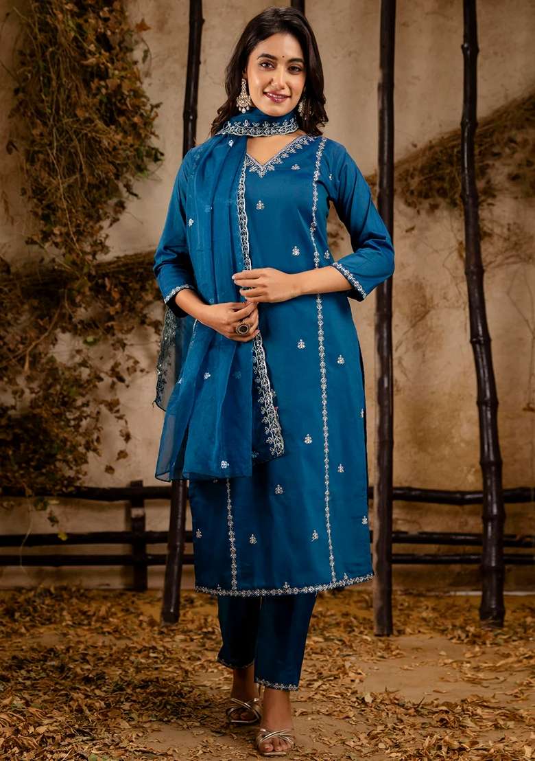 Teal Blue Embroidered Silk Blend Straight Kurta Set - Indya