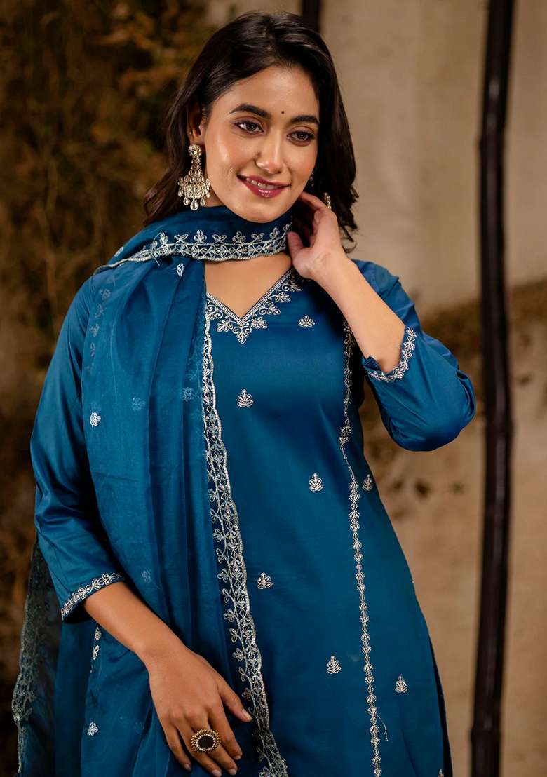 Teal Blue Embroidered Silk Blend Straight Kurta Set - Indya