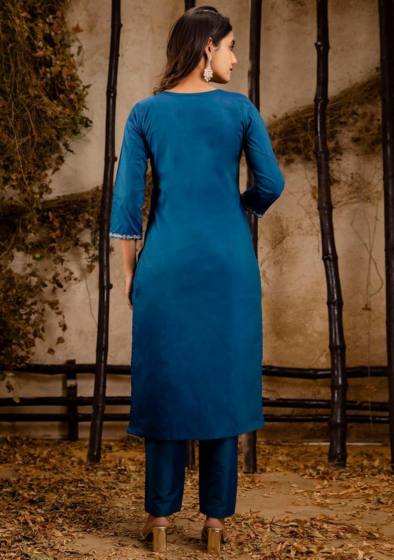 Teal Blue Embroidered Silk Blend Salwar Kameez With Dupatta