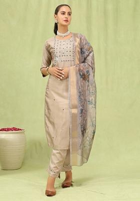 Sky Blue Embroidered Silk Blend Salwar Kameez With Dupatta