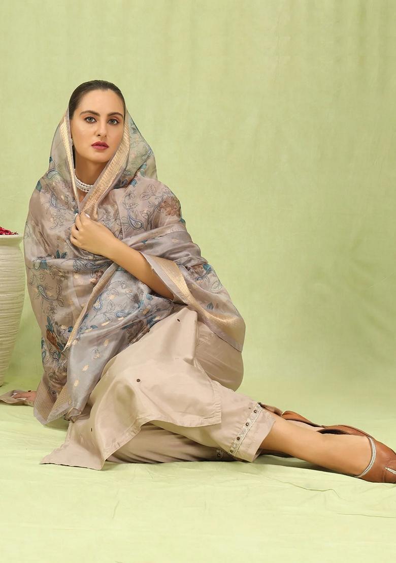 Sky Blue Embroidered Silk Blend Salwar Kameez With Dupatta