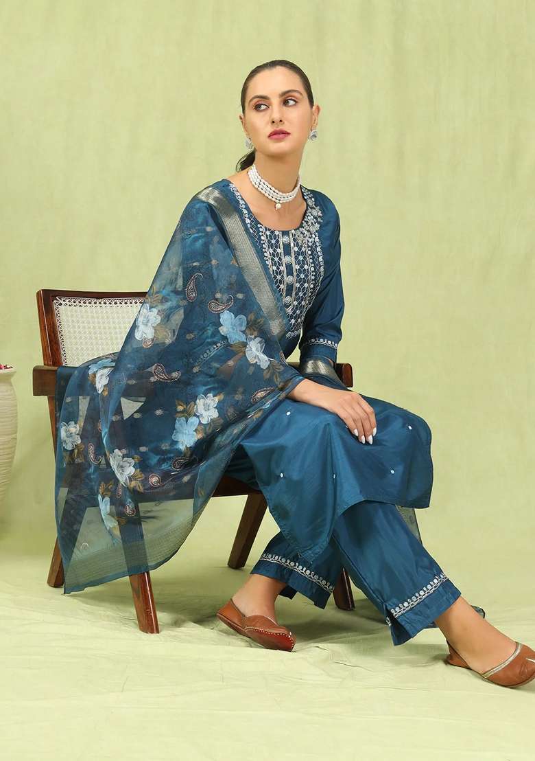 Rani Pink Embroidered Silk Blend Straight Kurta Set - Indya