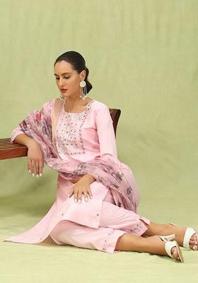 Pista Green Embroidered Silk Blend Salwar Kameez With Dupatta