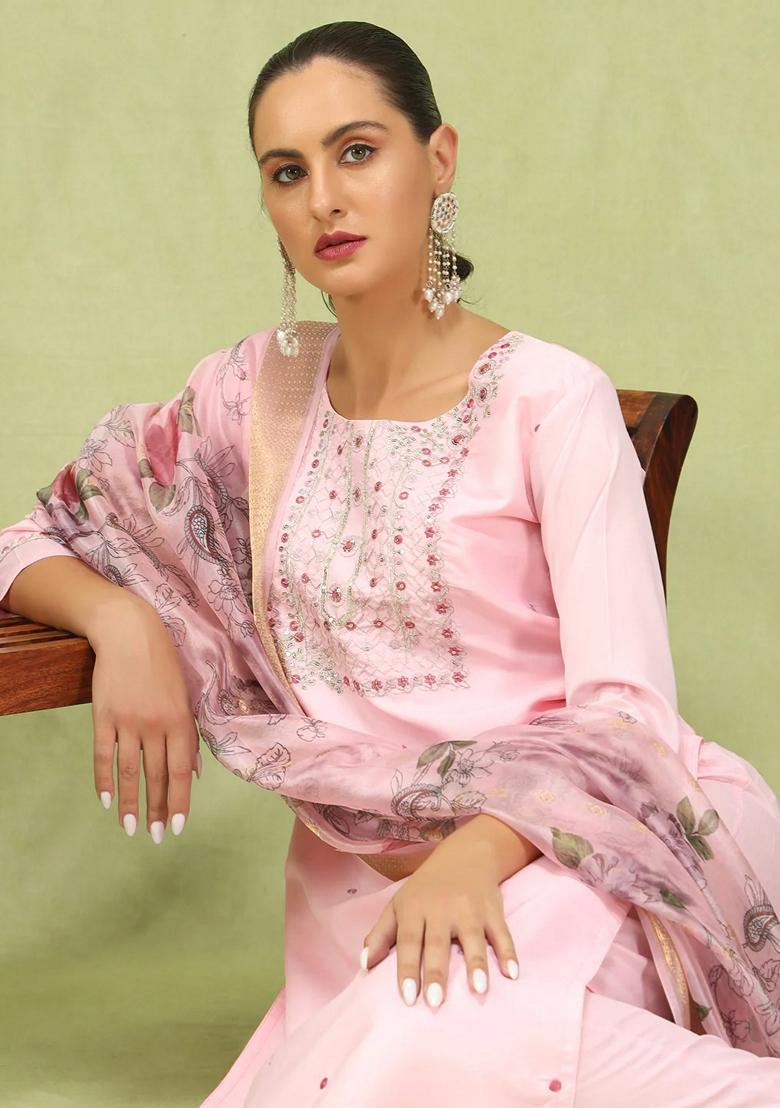 Pista Green Embroidered Silk Blend Salwar Kameez With Dupatta