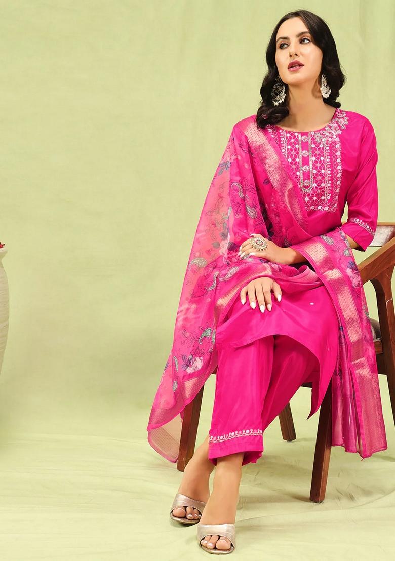 Blue Embroidered Silk Blend Salwar Kameez With Dupatta