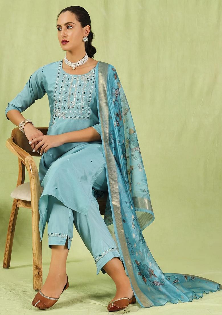 Beige Embroidered Silk Blend Salwar Kameez With Dupatta