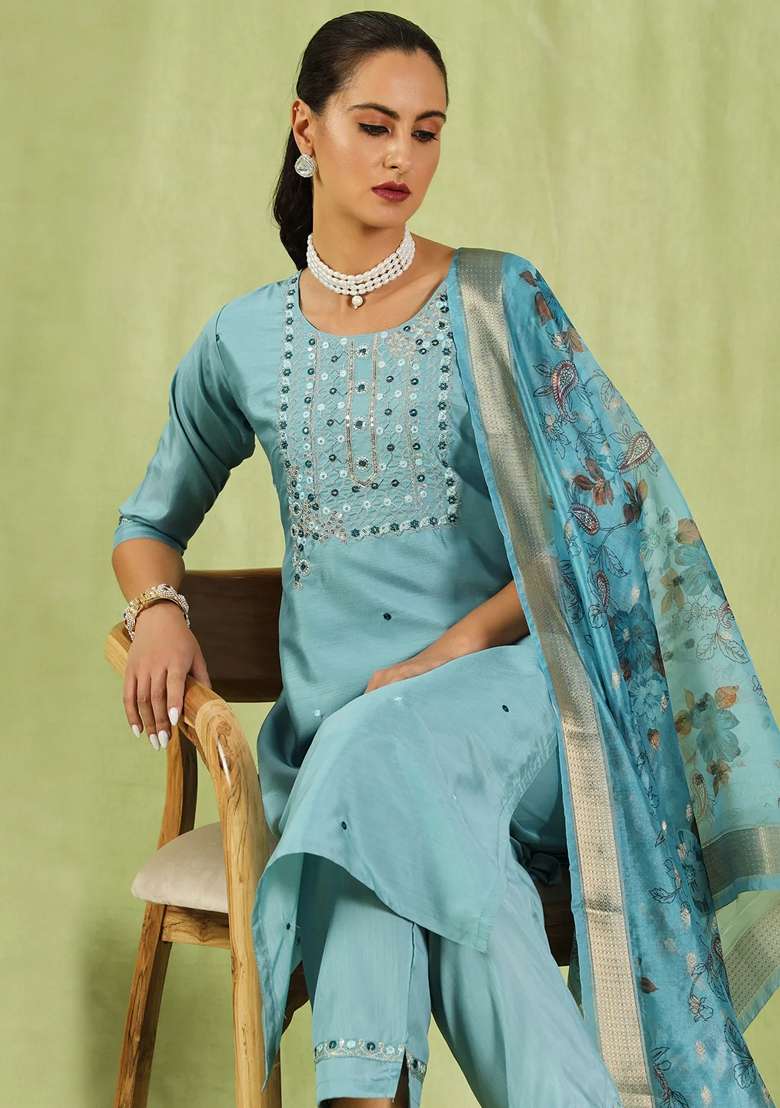 Beige Embroidered Silk Blend Straight Kurta Set - Indya
