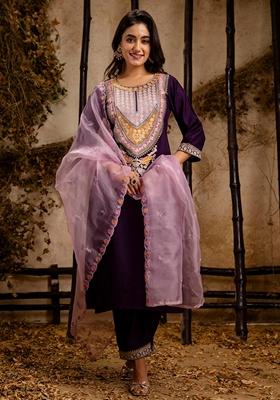 Purple Embroidered Viscose Rayon Salwar Kameez With Dupatta