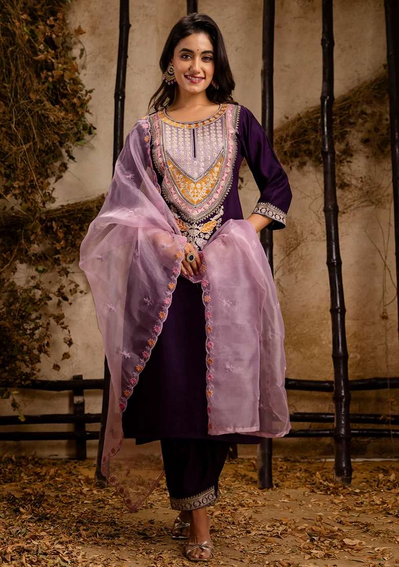 Purple Embroidered Viscose Straight Kurta Set - Indya