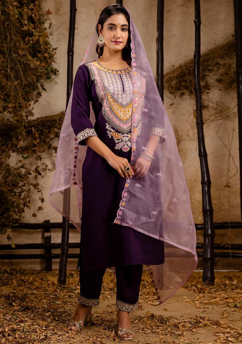 Purple Embroidered Viscose Rayon Salwar Kameez With Dupatta