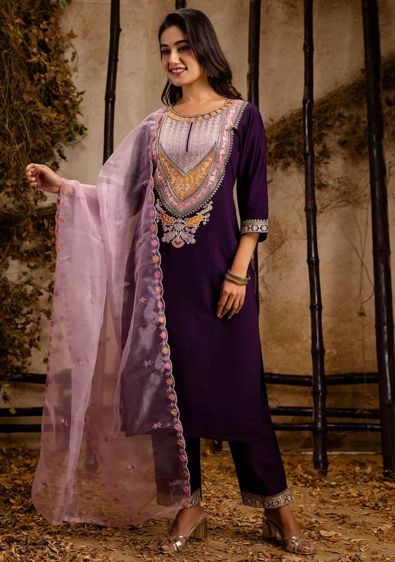 Purple Embroidered Viscose Straight Kurta Set - Indya