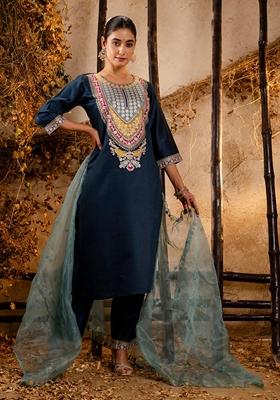 Teal Blue Embroidered Viscose Rayon Salwar Kameez With Dupatta