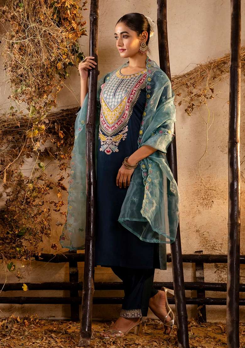 Teal Blue Embroidered Viscose Straight Kurta Set - Indya