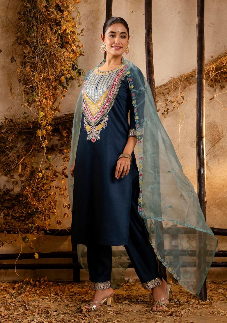Teal Blue Embroidered Viscose Rayon Salwar Kameez With Dupatta