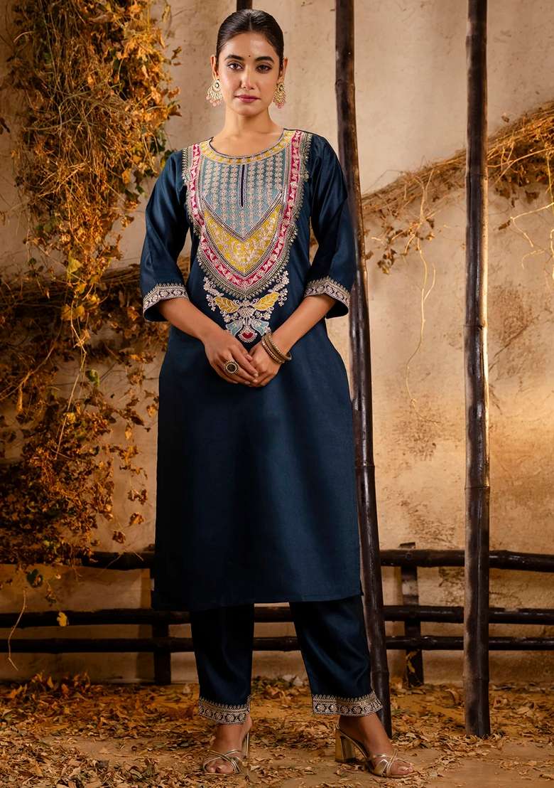 Teal Blue Embroidered Viscose Straight Kurta Set - Indya