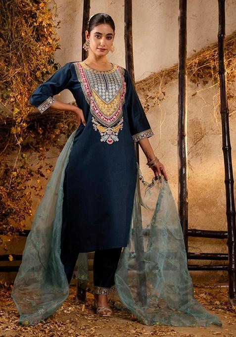 Teal Blue Embroidered Viscose Straight Kurta Set