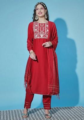 Red Embroidered Chinon Salwar Kameez With Dupatta