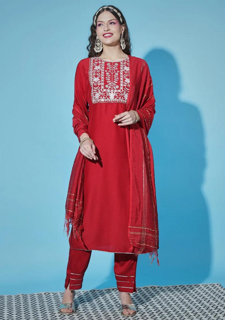 Red Embroidered Chinon Salwar Kameez With Dupatta