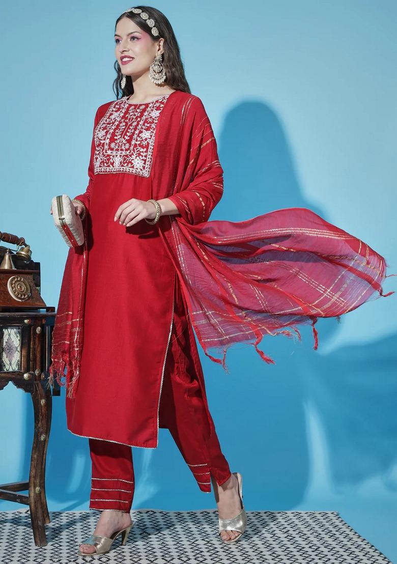 Red Embroidered Chinon Salwar Kameez With Dupatta