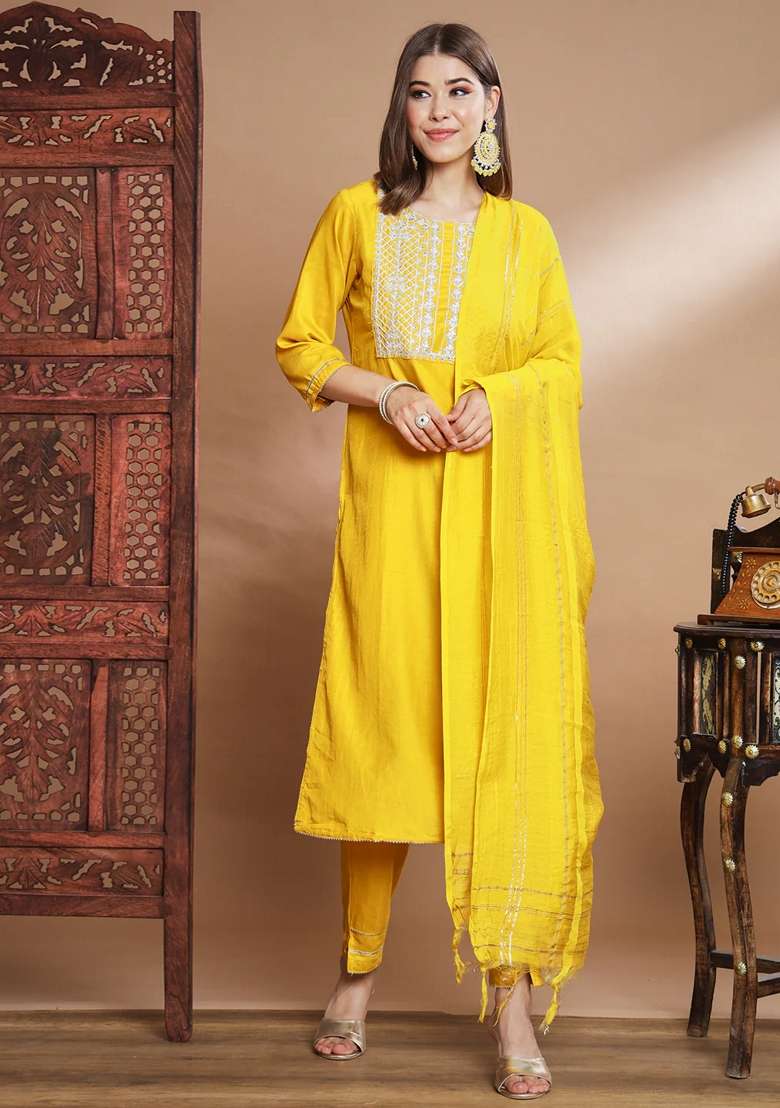 Yellow Embroidered Chinon Salwar Kameez With Dupatta - Indya